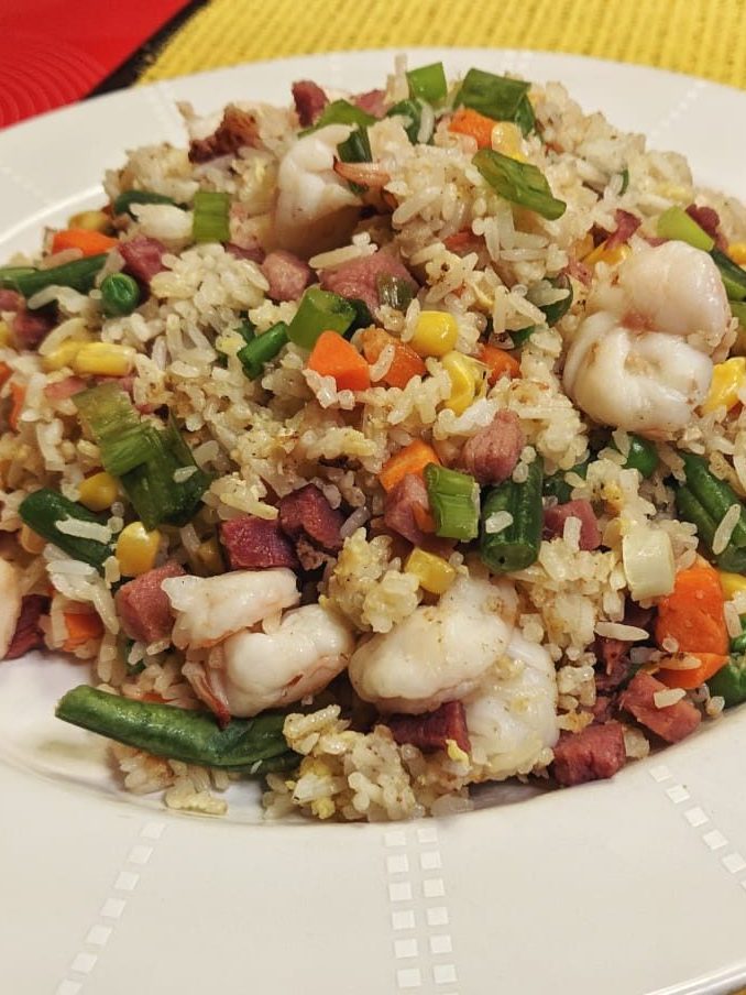 Chinese fried rice with smoked ham and shrimp